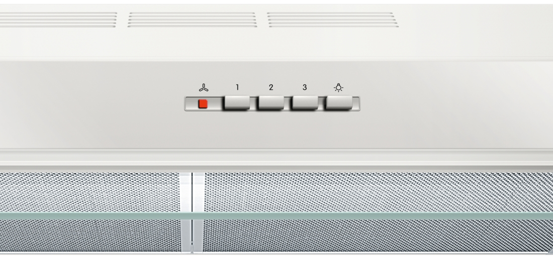 White range hood with controls: a light, fan, and fan speed buttons. Silver mesh filter below.