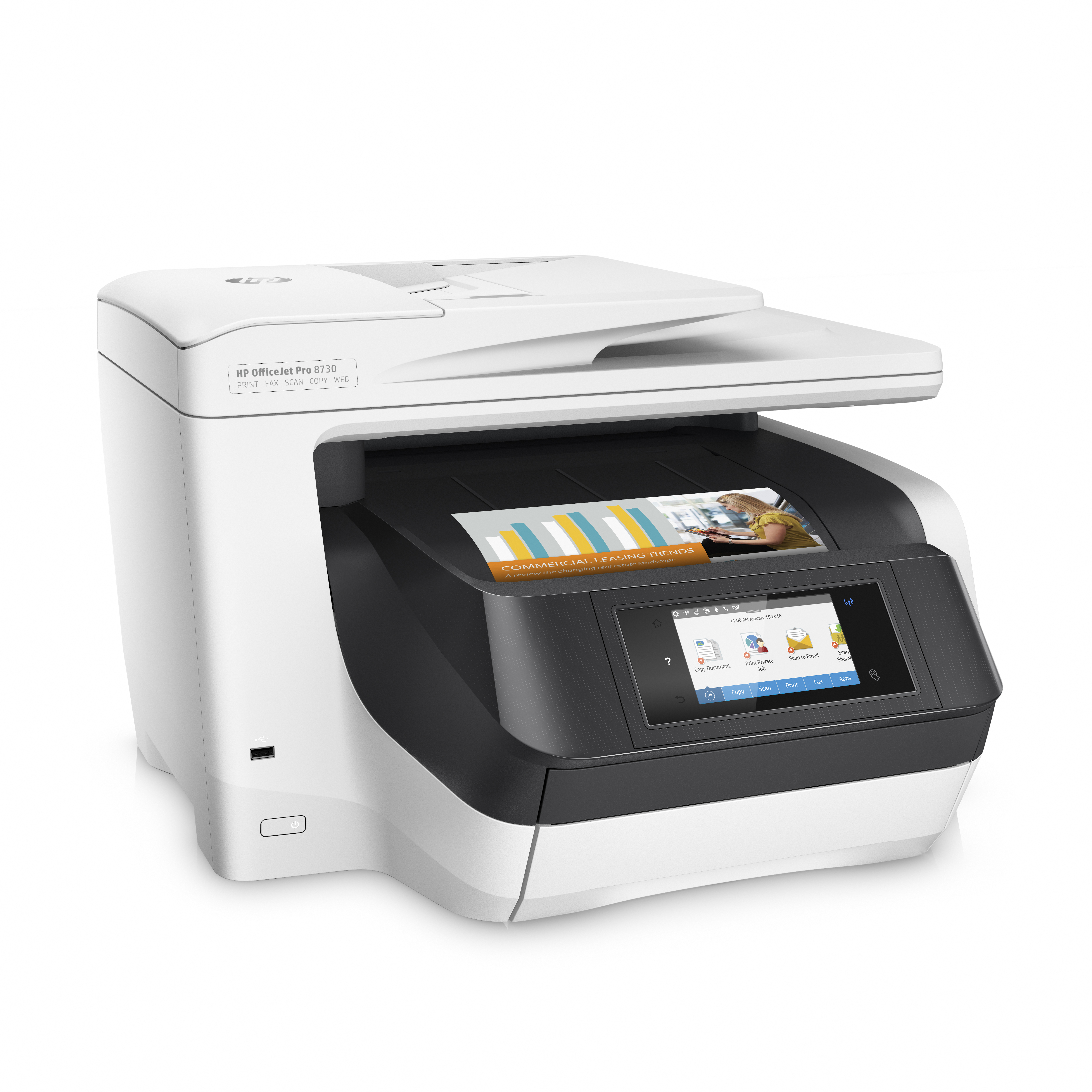 Weiß-schwarzer HP OfficeJet Pro 8730 Drucker mit Touchscreen und Papiereinzug.