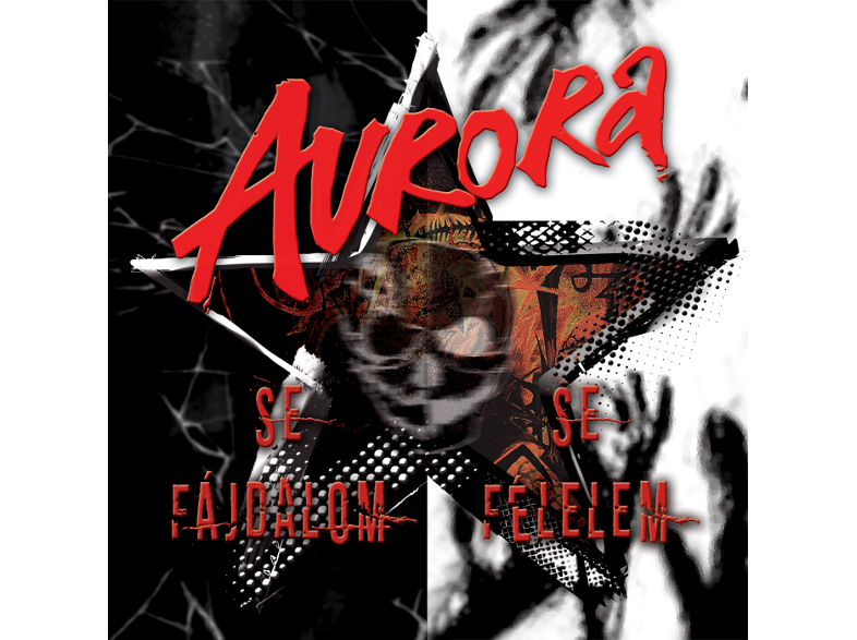 Album borító: Aurora, piros szöveg, egy csillag koponyával középen, fekete-fehér háttér.