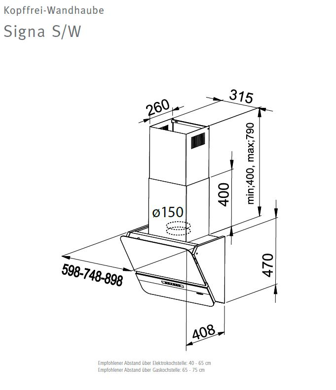 ORANIER 8623 75 Singa 75 S, Dunstabzugshaube (748 mm breit, 408 mm tief)