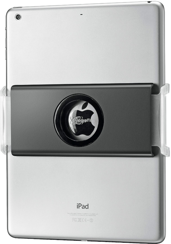 Een iPad vastgezet in een zwarte beugel met witte clips, met een Apple-logo zichtbaar.