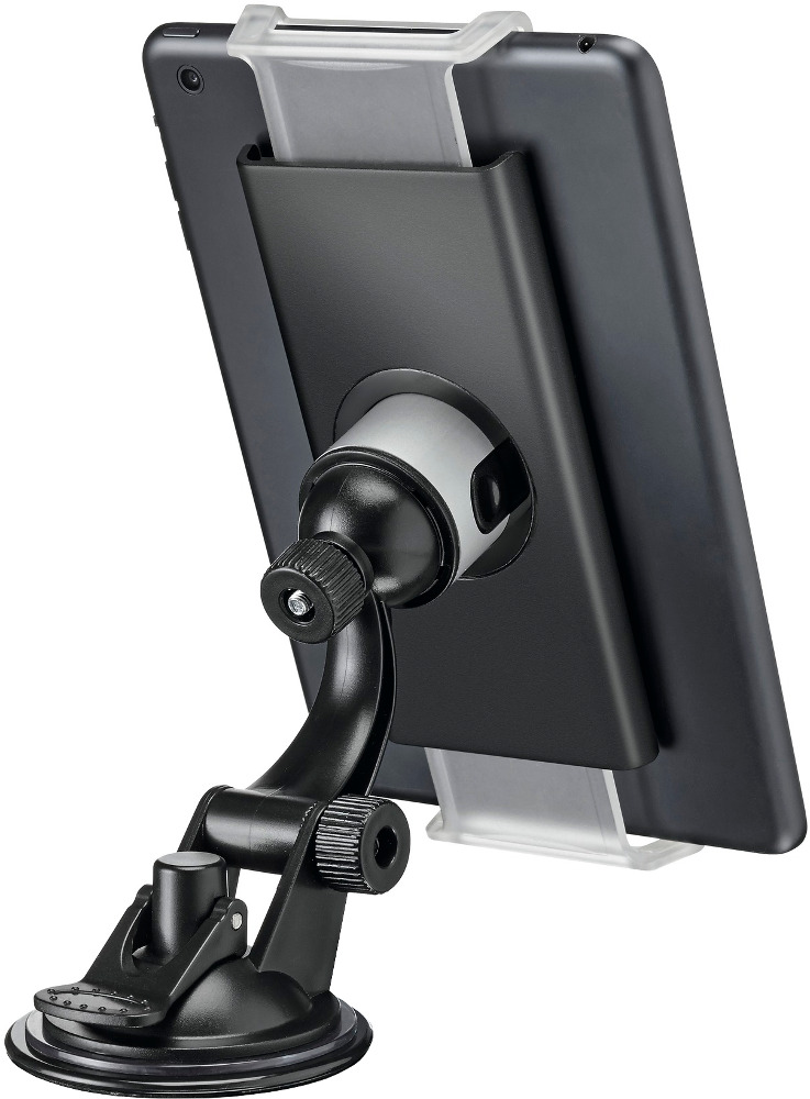 Tablet gemonteerd op een zwarte standaard met een zuignapvoet. Tablet staat weg. Wit en zwart.