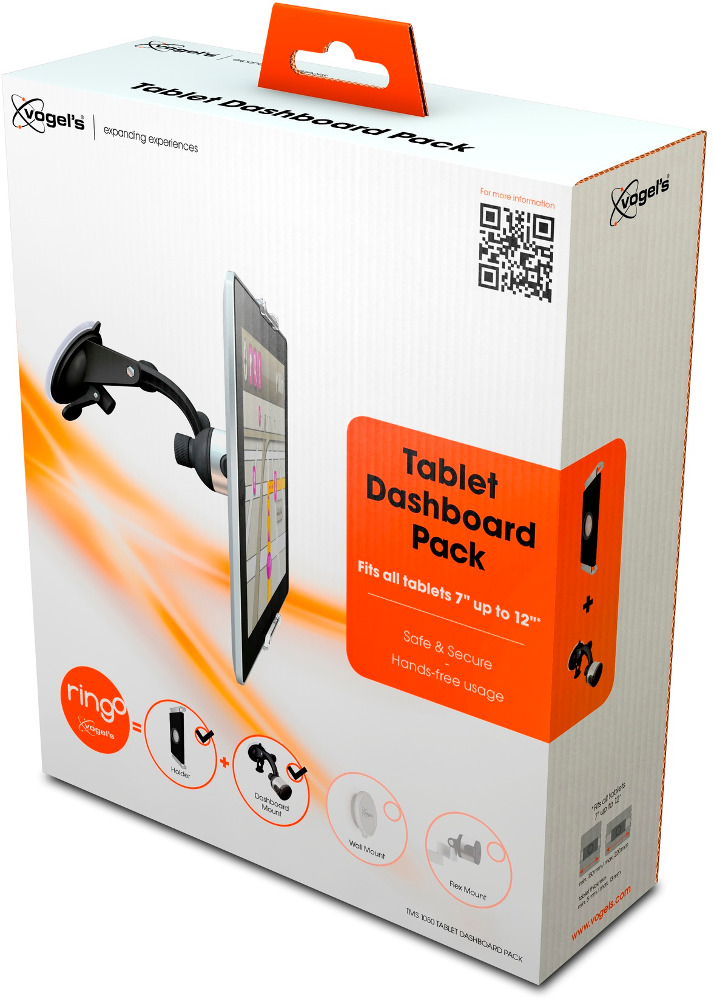 Tablet dashboard pack doos. Wit, oranje en zwart. Tablet, houder en houder worden getoond.