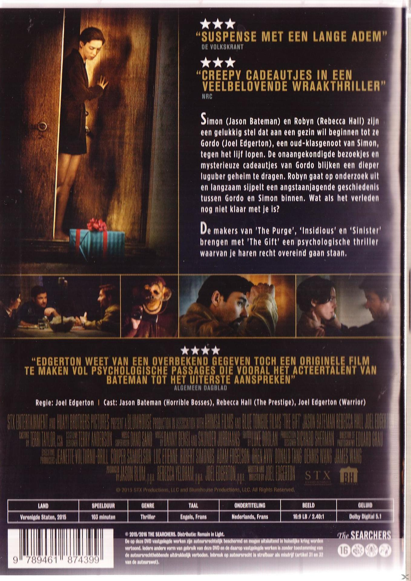 DVD-cover voor The Gift. Een vrouw kijkt naar een deur. Filmtitel en namen van acteurs zijn zichtbaar.