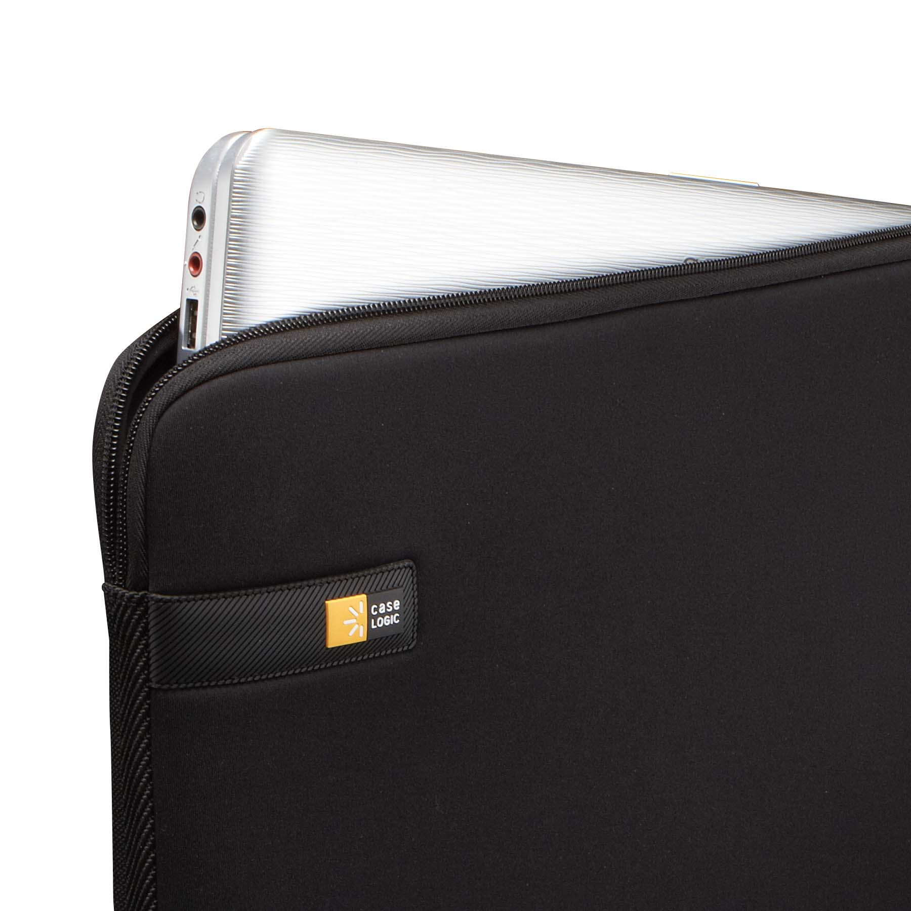 Black laptop sleeve with a silver laptop partially visible.