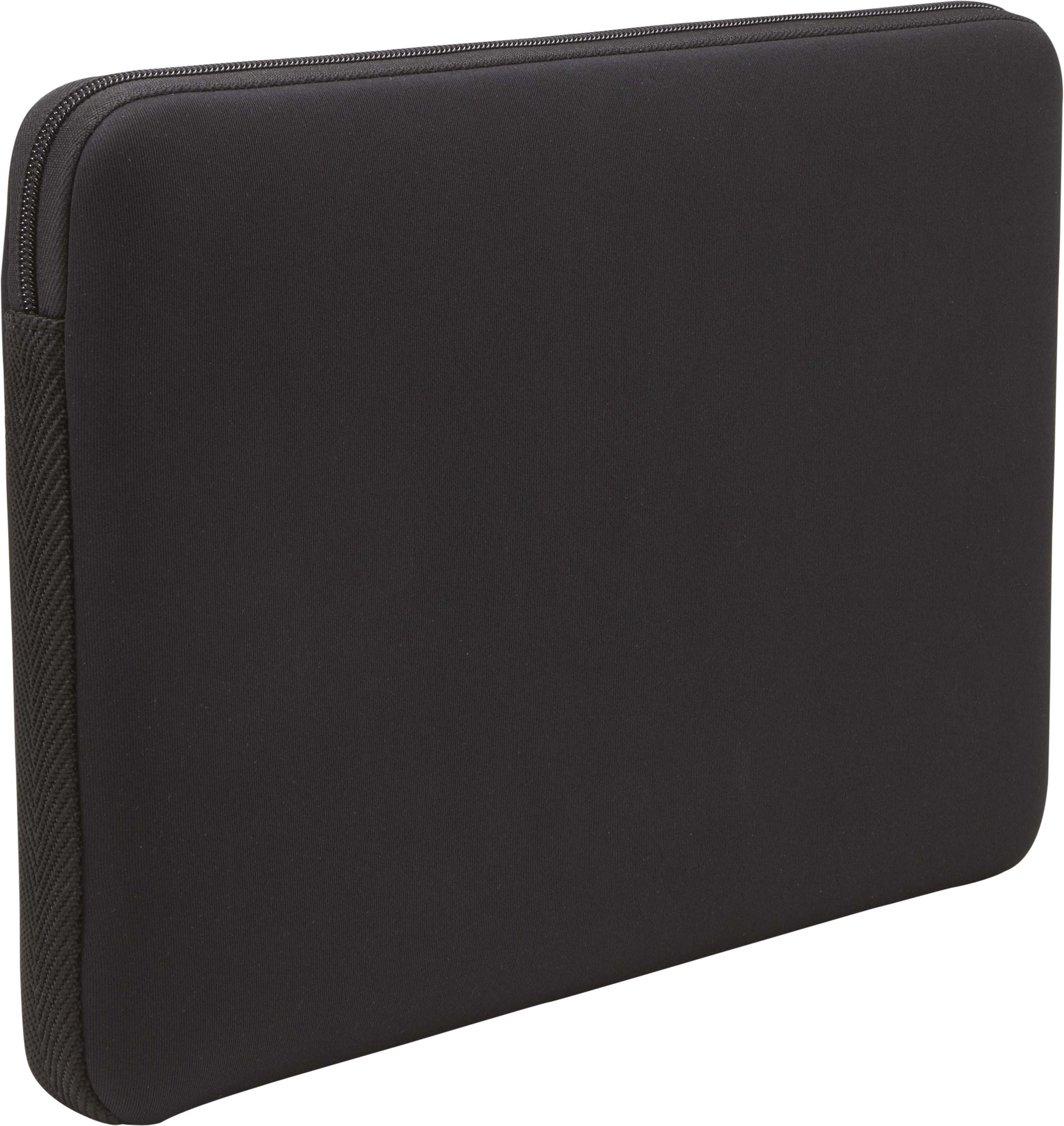 A black laptop sleeve with a zipper. The sleeve is smooth and plain on the front.