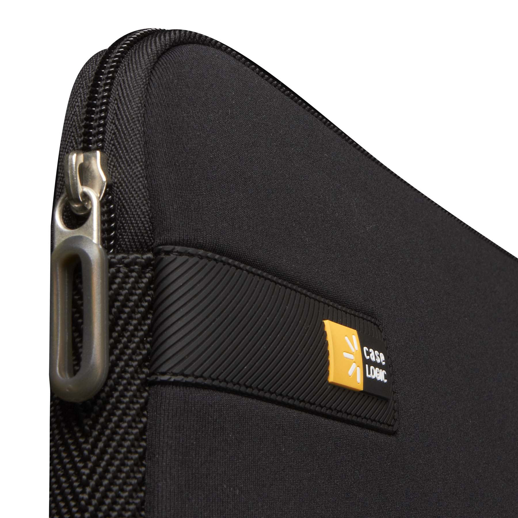 Black Case Logic laptop sleeve. The sleeve is black with a zipper and a Case Logic logo.