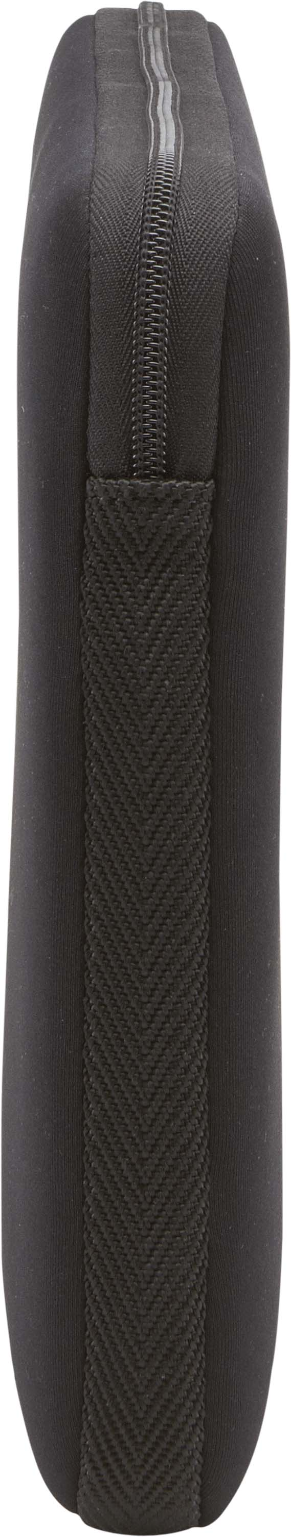 Black neoprene laptop sleeve with a zipper and a chevron pattern.