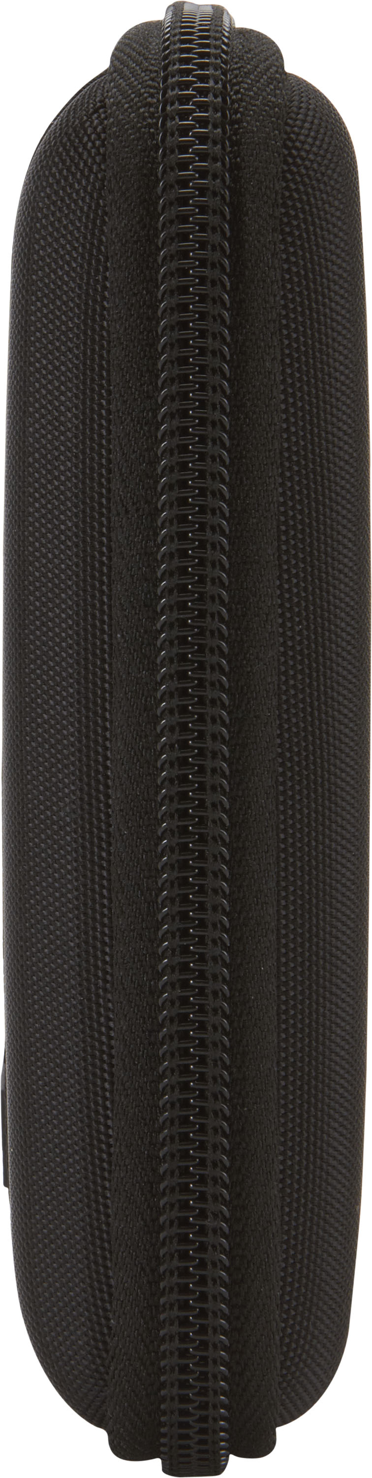 A black, zippered case, with textured surface and a tight, oval shape.