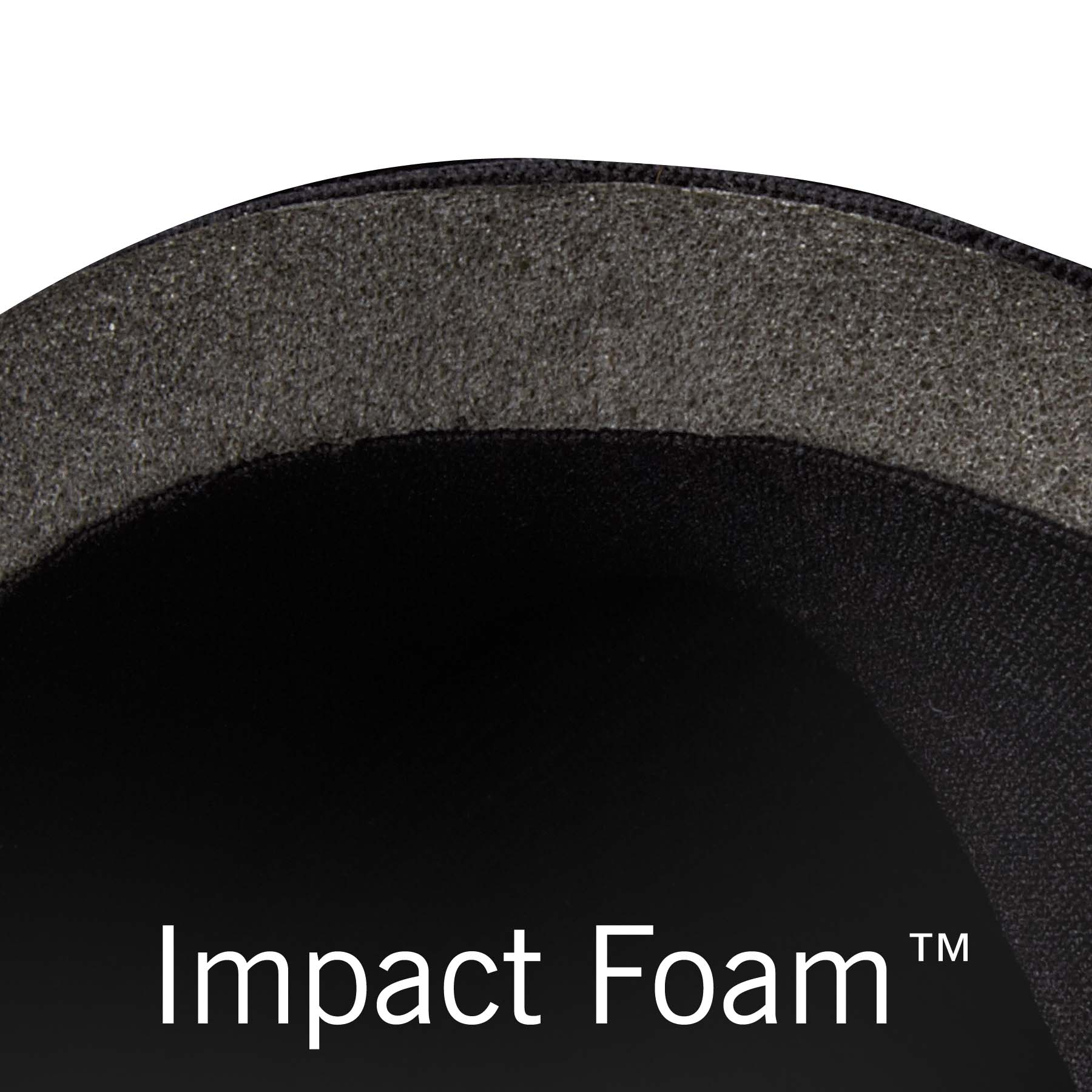Close-up of a black impact foam with a gray top layer and white text.
