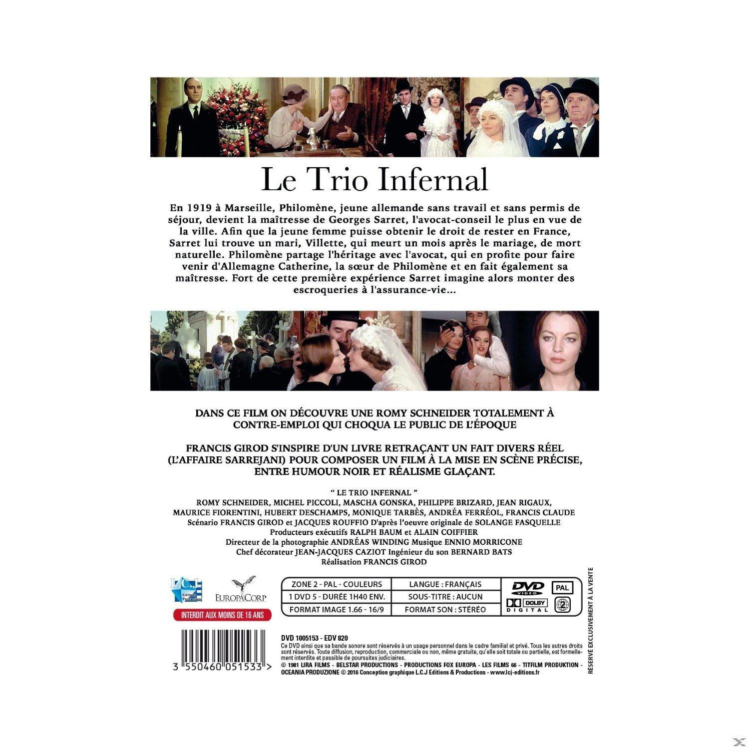 Affiche d'un film intitulé 'Le Trio Infernal'. Comprend du texte et des images d'acteurs et de scènes du film.