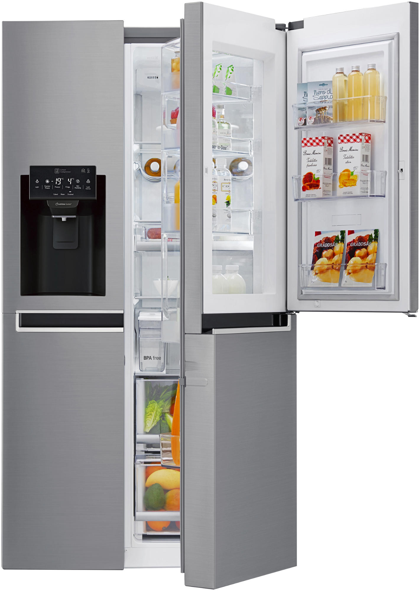 Edelstahlkühlschrank mit offenen Türen, der Inhalt wie Lebensmittel und Regale zeigt.