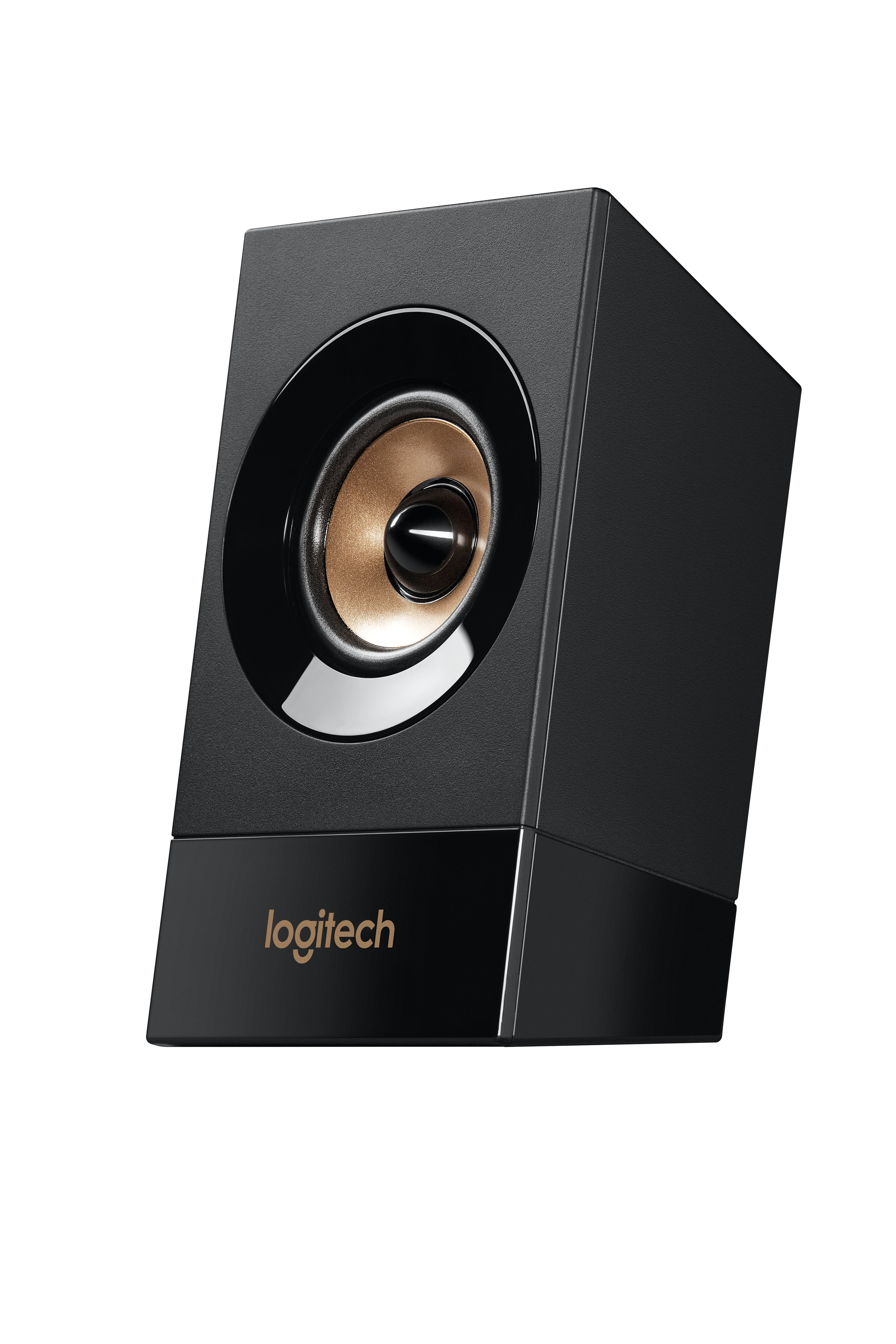 Black Logitech computer speaker with a gold speaker cone, and a black base.