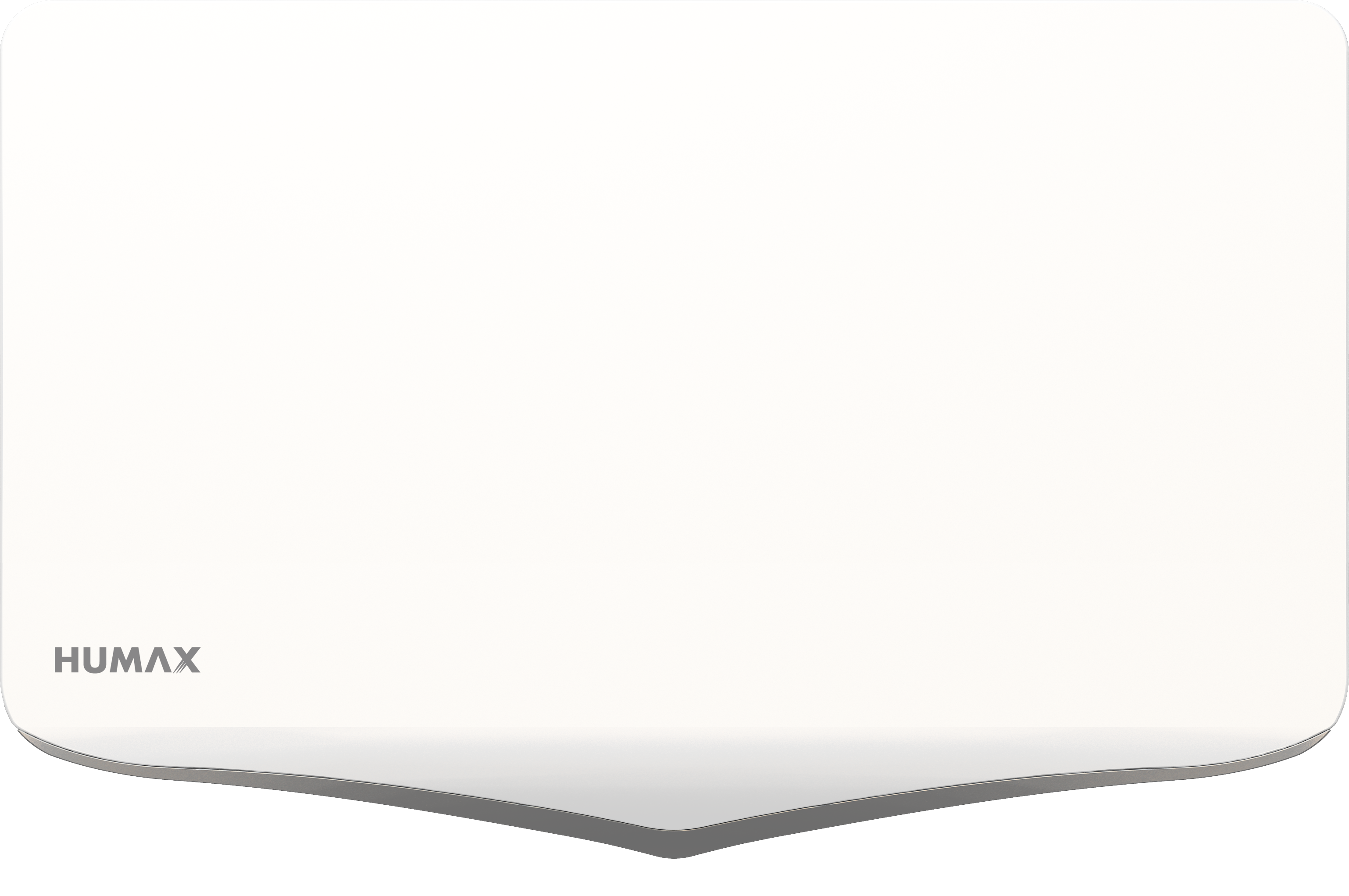 Weißes Panel mit dem Wort HUMAX links unten auf weißem Hintergrund.
