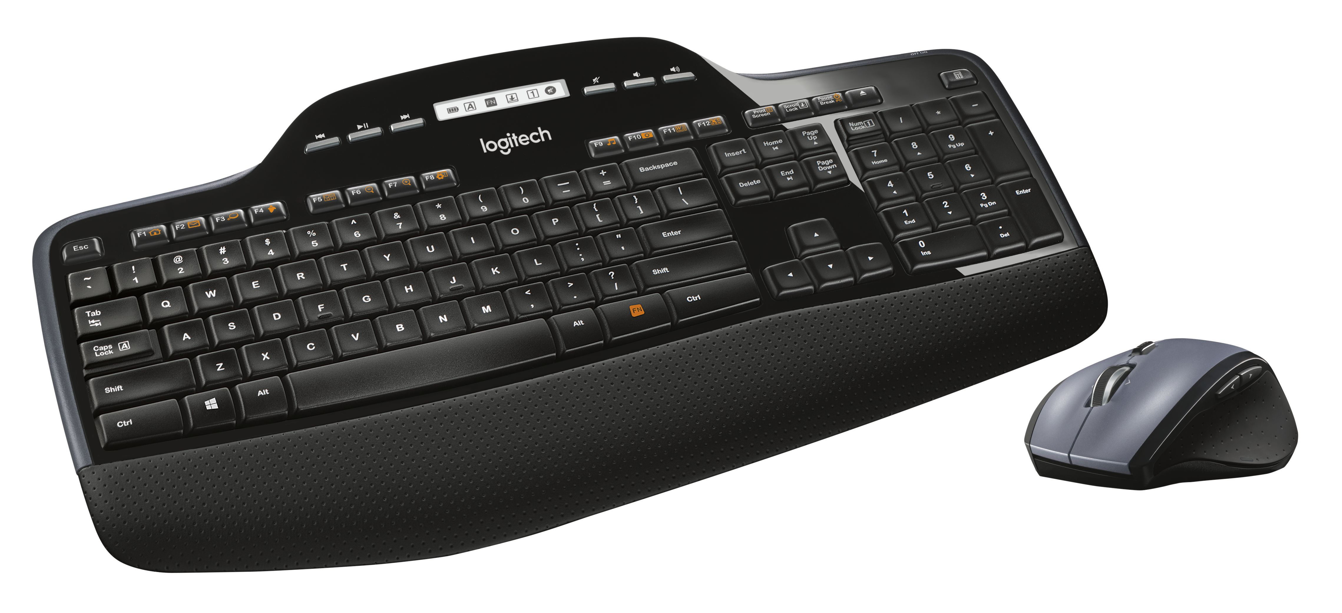 Black computer keyboard and mouse on a white background. Logitech brand.