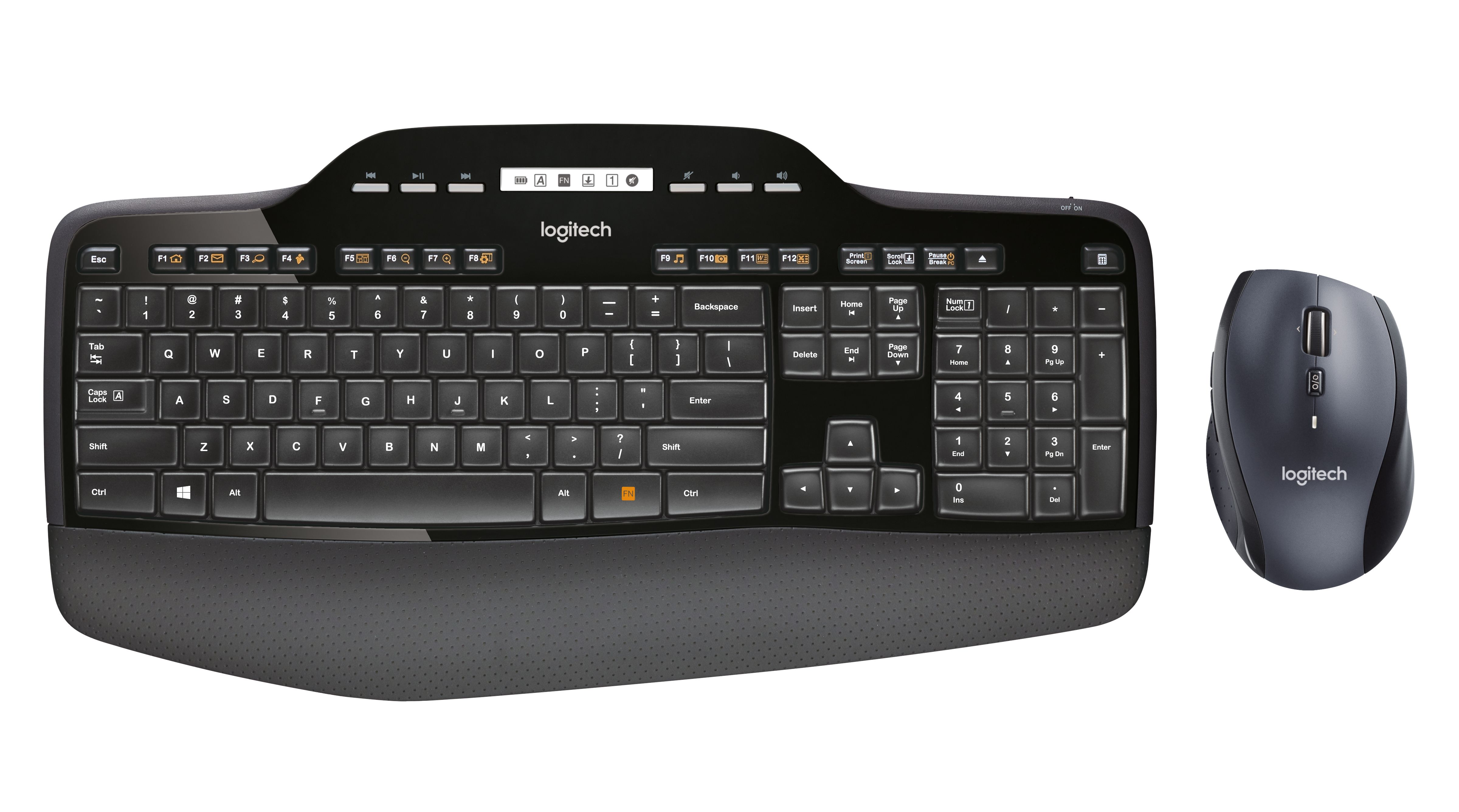 Black Logitech keyboard and mouse on a white background.