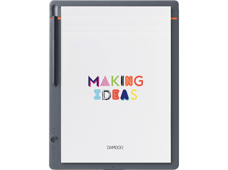 Egy tablet fehér oldallal, színes "MAKING IDEAS" szavakkal és egy tollal.