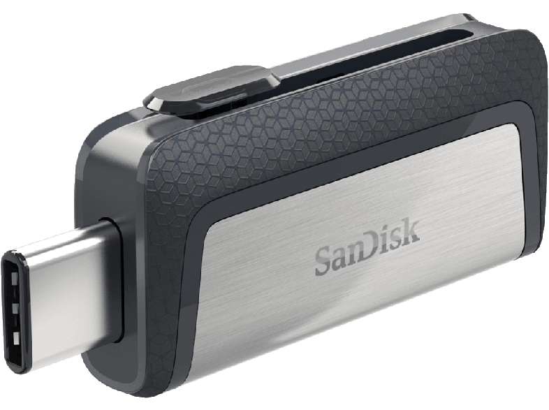 Ezüst és fekete SanDisk USB meghajtó. USB-C csatlakozóval és szürke csúszókapcsolóval.