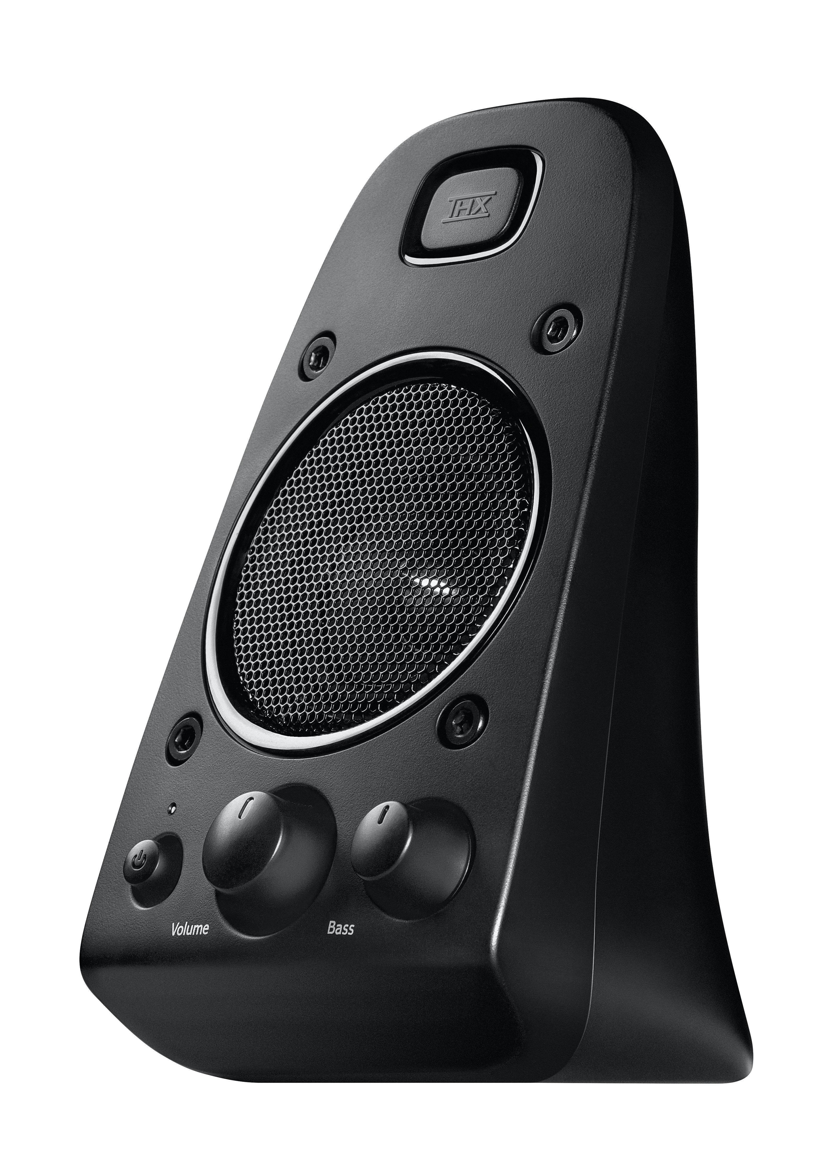 Black speaker with a mesh covering the speaker. Volume and bass knobs are visible.