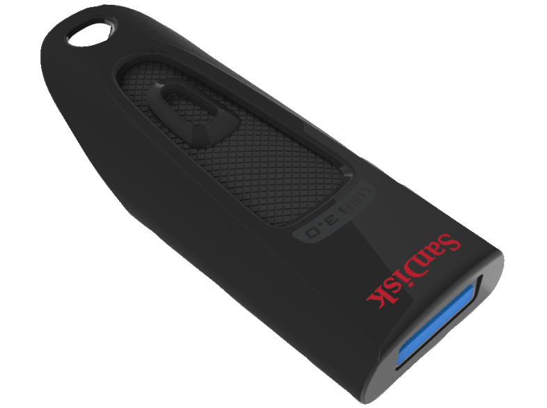Fekete USB flash meghajtó piros 'SanDisk' felirattal és kék csatlakozóval.