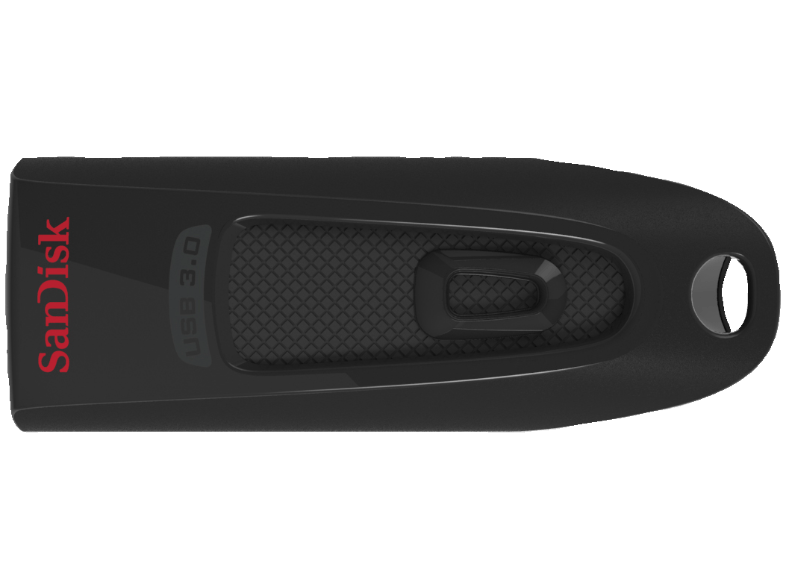 Fekete USB-meghajtó piros Sandisk logóval. USB 3.0 jelzéssel és texturált fogantyúval rendelkezik.