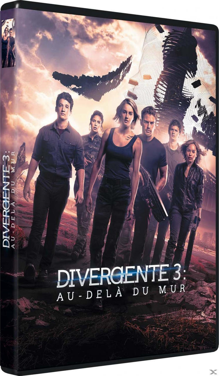 Pochette du DVD de 'Divergente 3: Au-delà du mur'. Présente des acteurs et un arrière-plan de paysage ruiné.