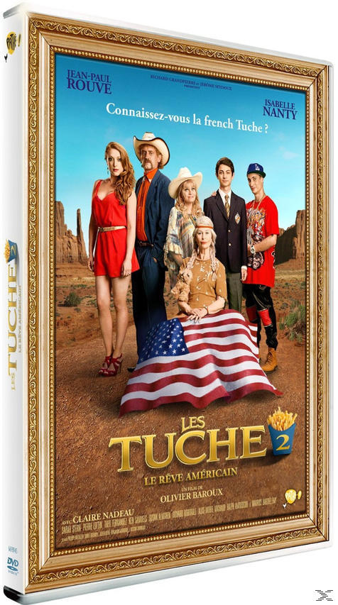 Couverture du DVD de 'Les Tuche 2'. Acteurs devant un drapeau américain, fond désertique.