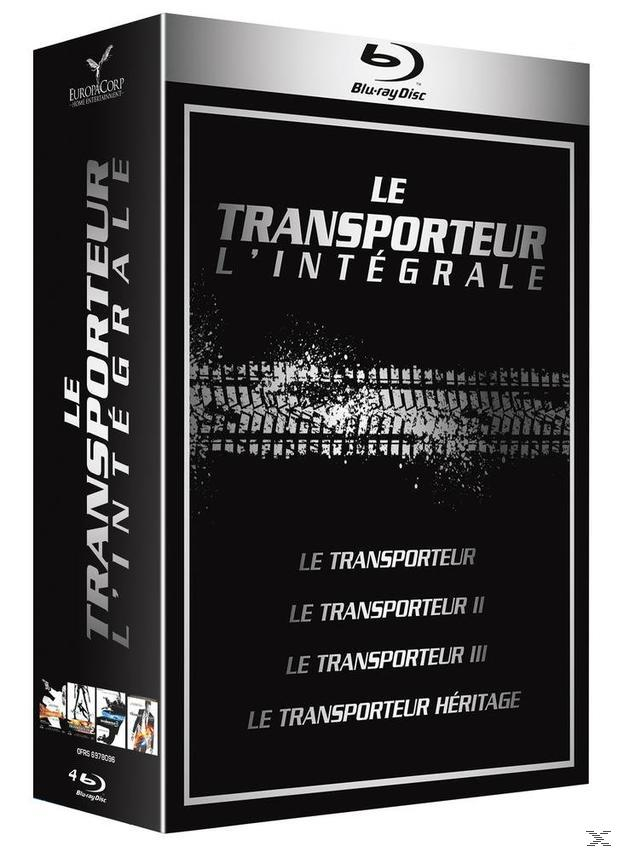 Boîtier DVD noir de 'Le Transporteur L'Intégrale'. Fond noir avec traces de pneus. Logo Blu-Ray.