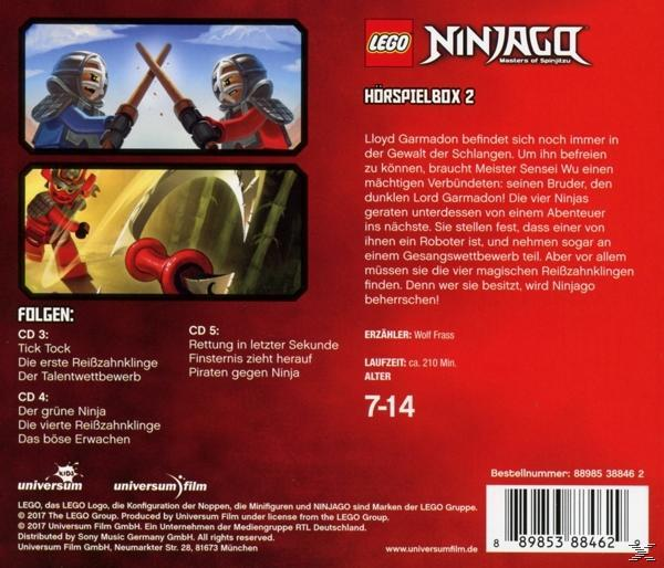 Rückseite der LEGO Ninjago Hörspielbox 2. Text und Bilder von LEGO-Charakteren sind vorhanden.