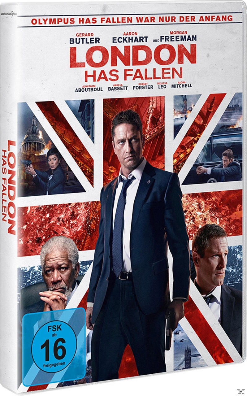 DVD-Cover für den Film London Has Fallen. Gerard Butler und Morgan Freeman sind auf dem Cover.