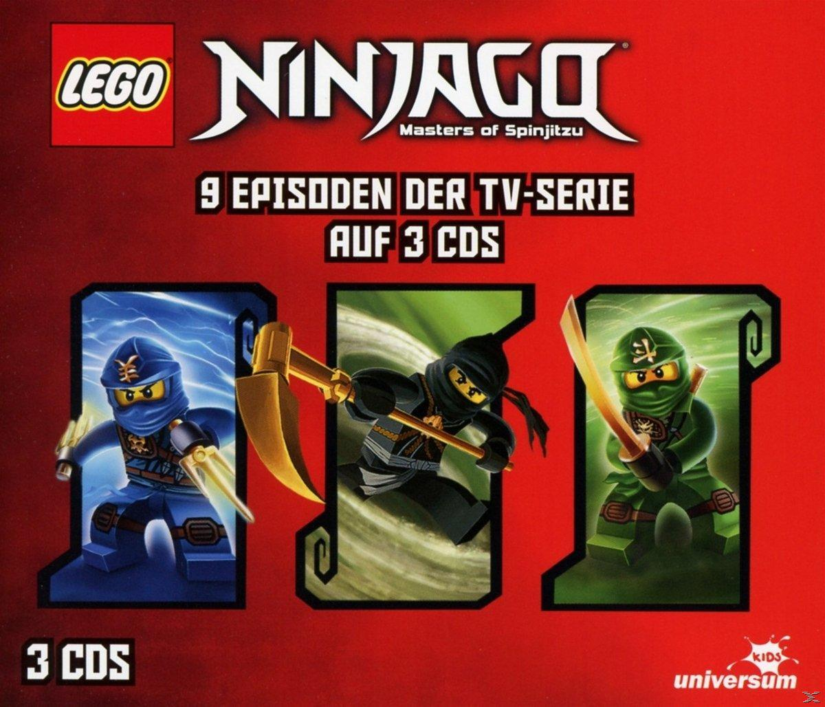LEGO Ninjago DVD-Cover. Drei Ninjas in Action auf rotem Hintergrund. Text '9 Episoden'.