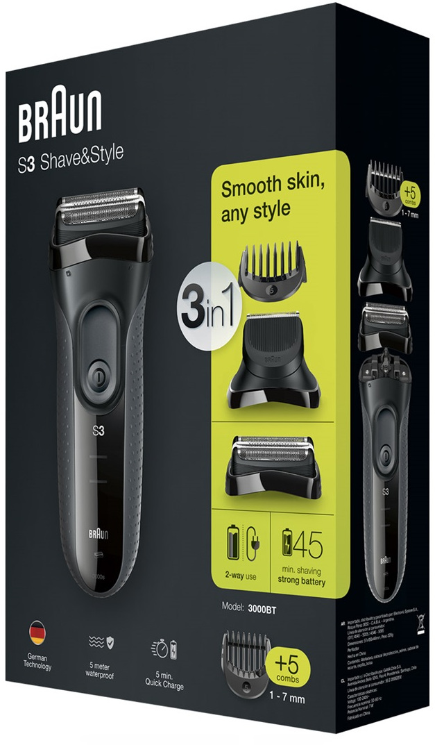Braun S3 Shave&Style doos. Een zwart scheerapparaat, kamopzetstukken en tekst met batterij- en gebruiksinformatie.