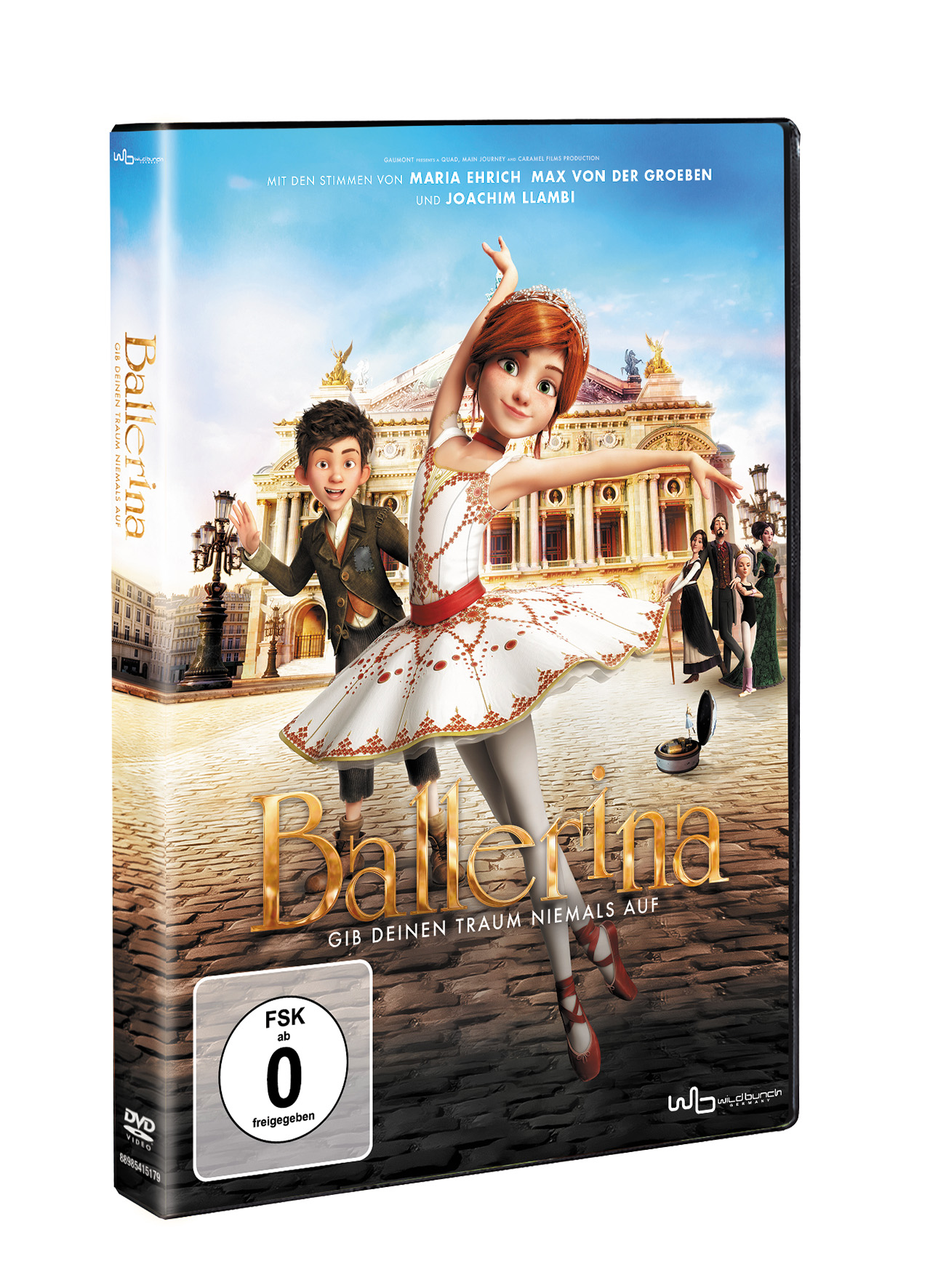 Filmcover. Ein Mädchen-Ballerina tanzt mit einem Jungen. Titel: Ballerina. Blauer Himmel im Hintergrund.