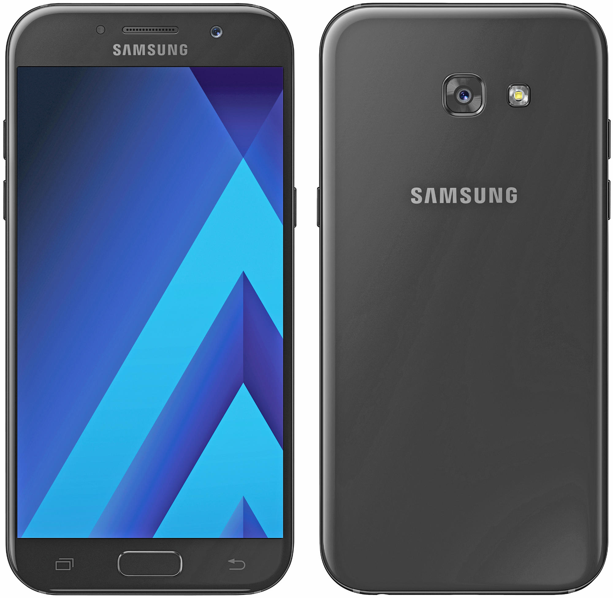 Ein schwarzes Samsung-Smartphone, das einen blauen geometrischen Hintergrund anzeigt, mit dem Samsung-Logo.