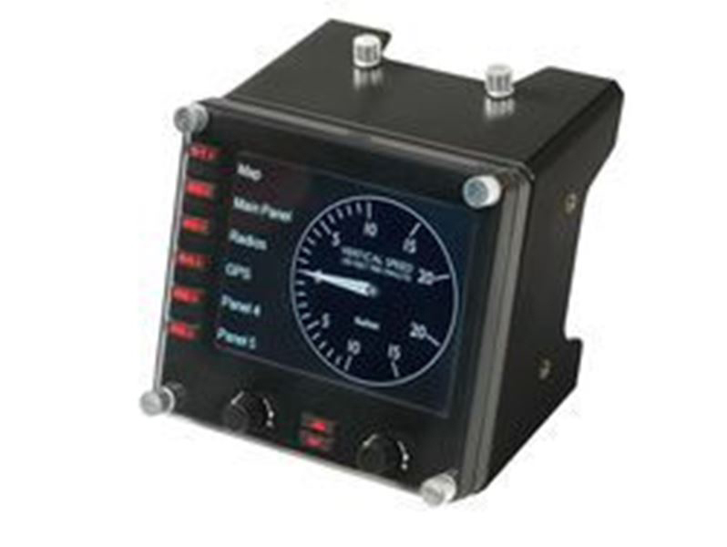 Schwarzes Flugzeuginstrument mit Anzeige und Knöpfen, zeigt Geschwindigkeit und andere Funktionen.