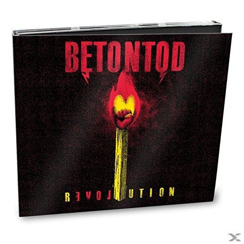 Albumcover 'Betontod Revolution'. Ein Streichholz mit brennender Faustform. Roter und gelber Text.