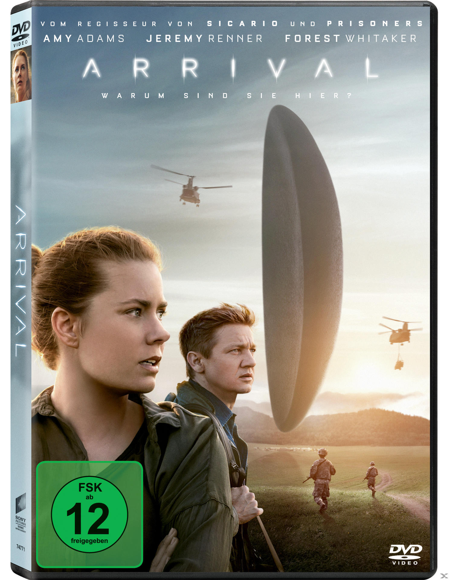 DVD-Cover von Arrival. Zwei Personen blicken auf ein außerirdisches Objekt. Hubschrauber im Hintergrund.