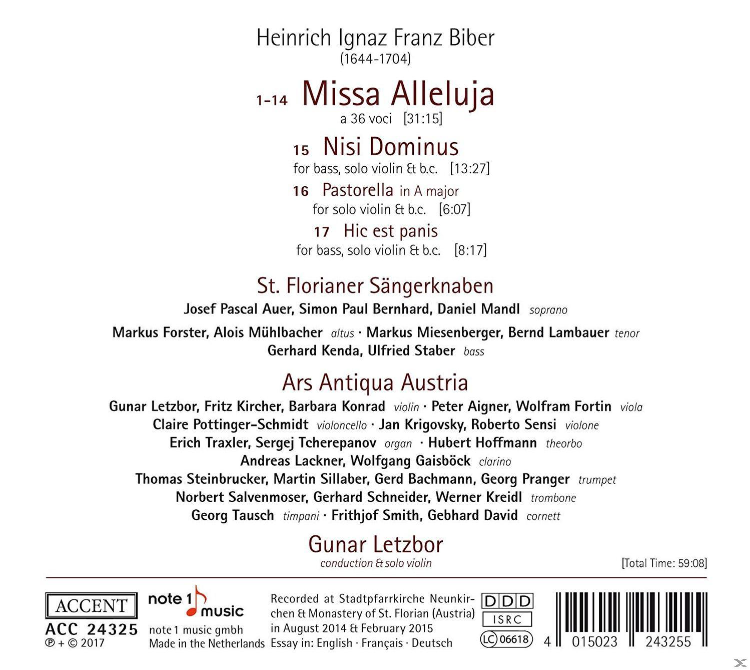 Noten für Heinrich Ignaz Franz Biber. Titel: Missa Alleluja. Enthält Namen der Interpreten und Kompositionsdetails.