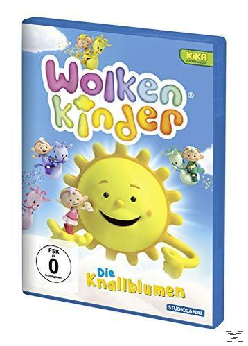 DVD-Cover von "Wolkenkinder - Die Knallblumen" mit animierten Figuren und einer Sonne.