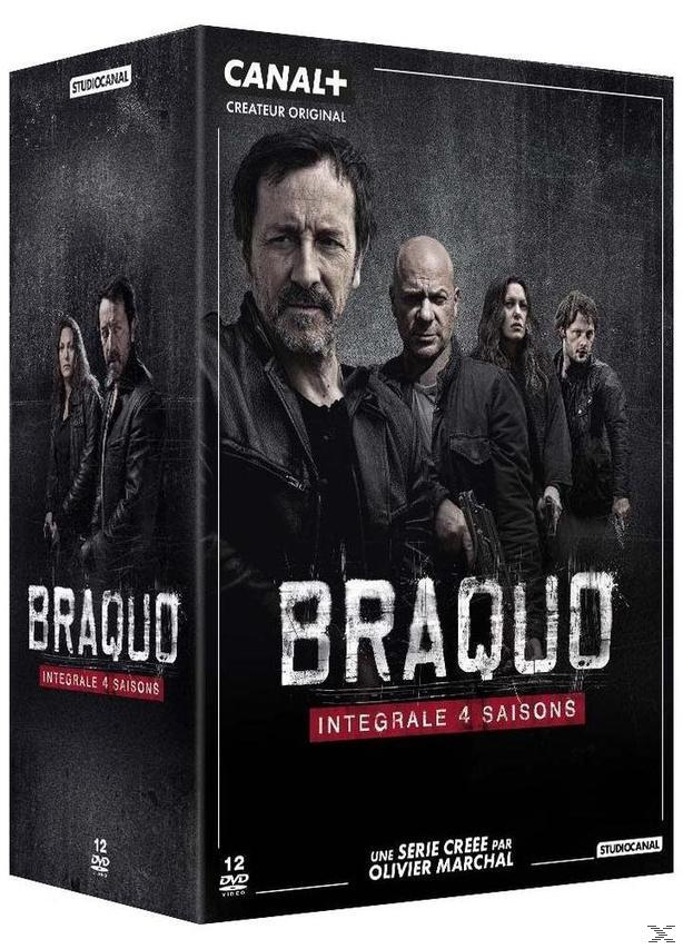 Un coffret DVD avec des acteurs en noir et blanc. Le titre est Braquo, avec le logo Canal+.