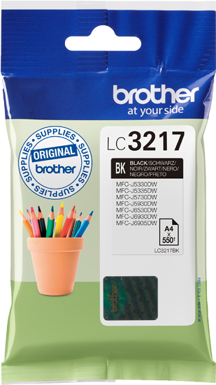 Brother LC3217 BK ink cartridge package. Includes a pot of colored pencils. Blue and white packaging.