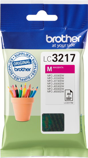 Cartouche d'encre magenta Brother dans un emballage plastique avec des crayons de couleur.