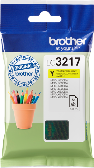Un paquet de cartouches d'encre Brother dans un thème bleu et blanc avec des crayons de couleur.