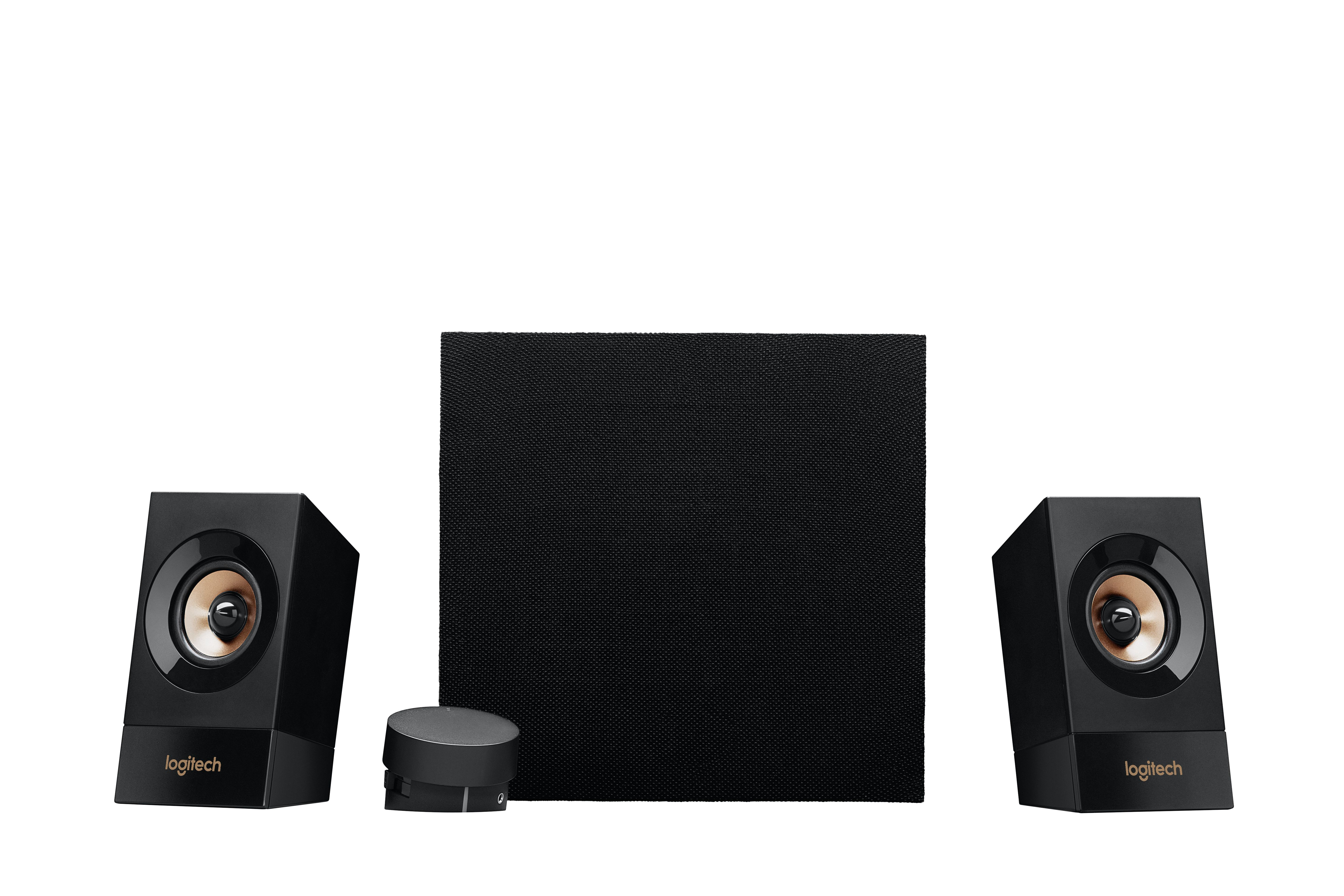 Black Logitech speaker system with two speakers and a subwoofer, and a volume control.