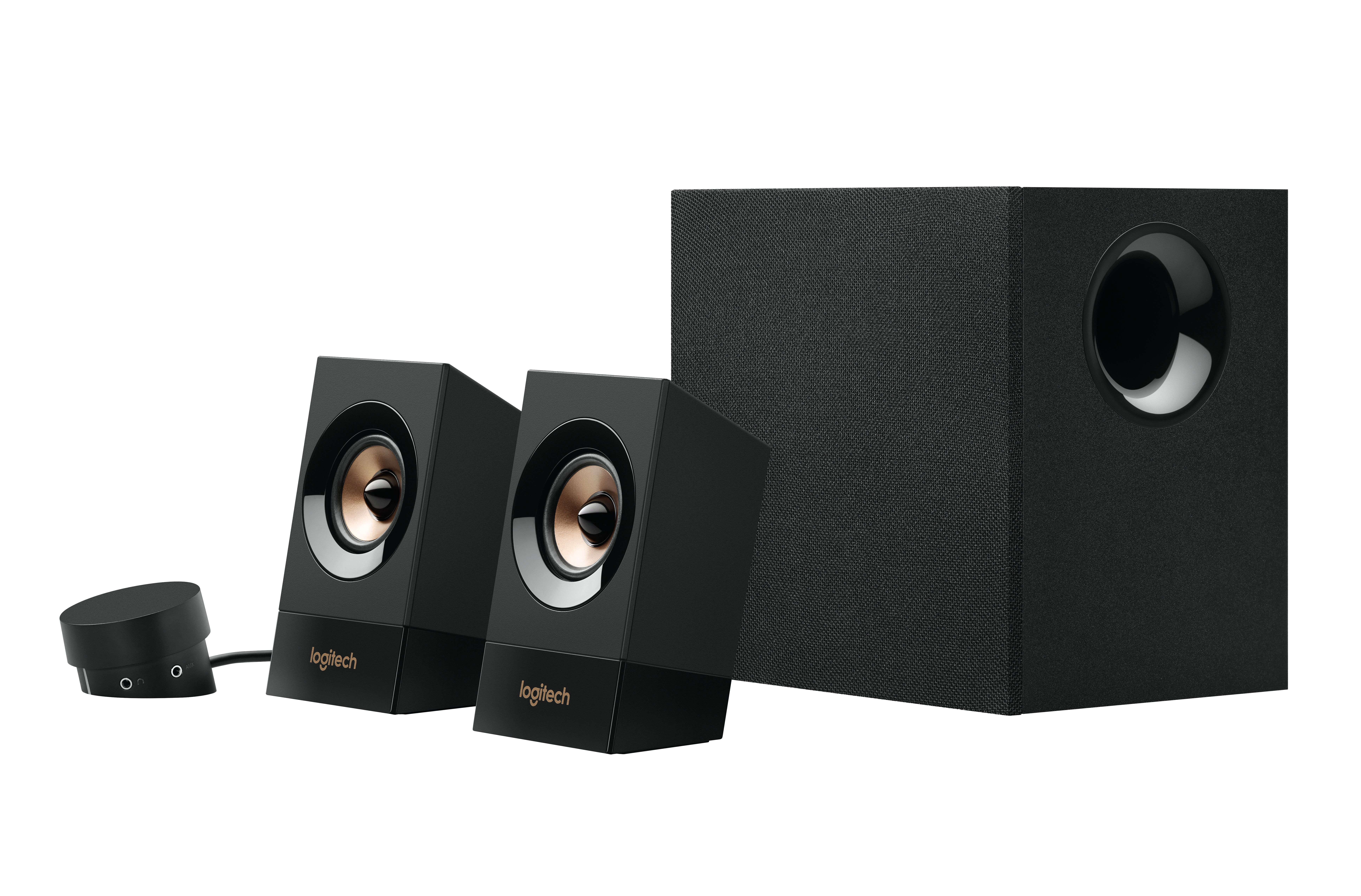 Black Logitech speakers with a black subwoofer. Two satellite speakers, and a control pod.