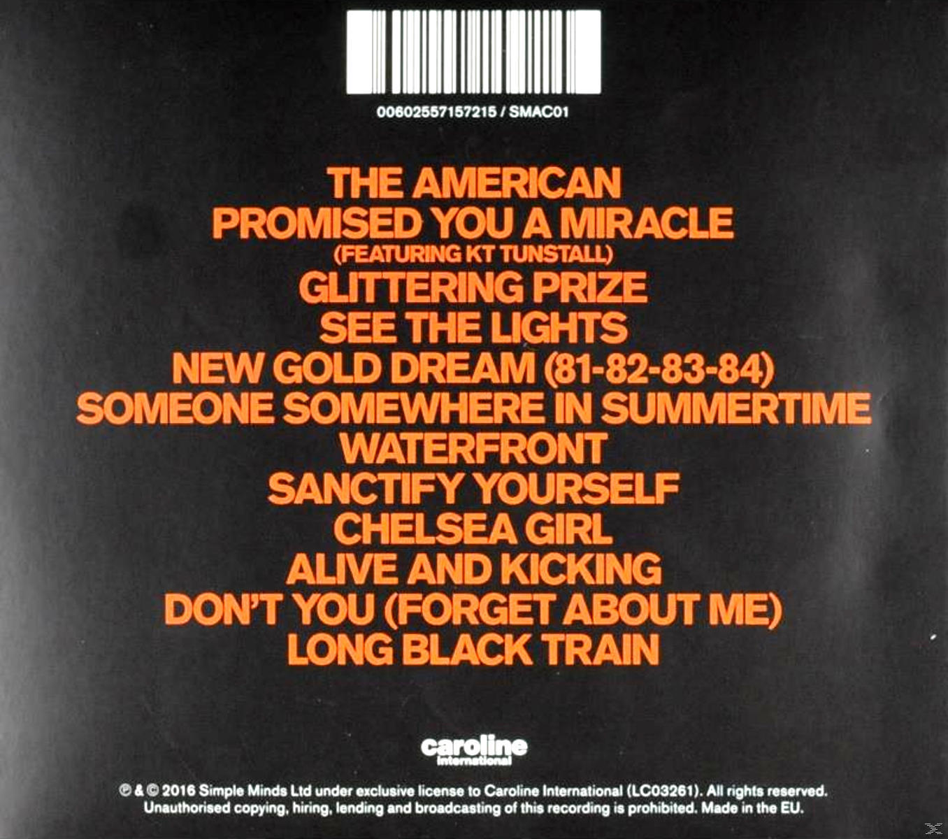 Back cover of a CD with song titles in orange text.