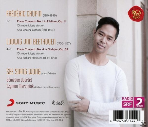Rückseite einer CD mit einem Mann und Text. Der Text listet Musikinformationen auf, darunter Chopin und Beethoven.