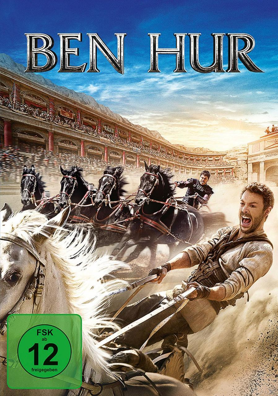 Ben Hur DVD-Cover zeigt ein Wagenrennen. Männer sitzen in Wagen, die von Pferden gezogen werden. Hintergrund zeigt eine Menge.