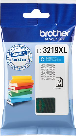 Une cartouche d'encre cyan Brother LC3219XL. L'emballage est bleu, avec du texte et une cartouche d'encre cyan à l'intérieur.