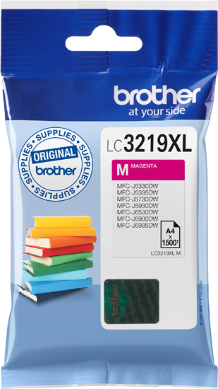 Cartouche d'encre magenta Brother LC3219XL. Emballage bleu et blanc avec des livres en arrière-plan.